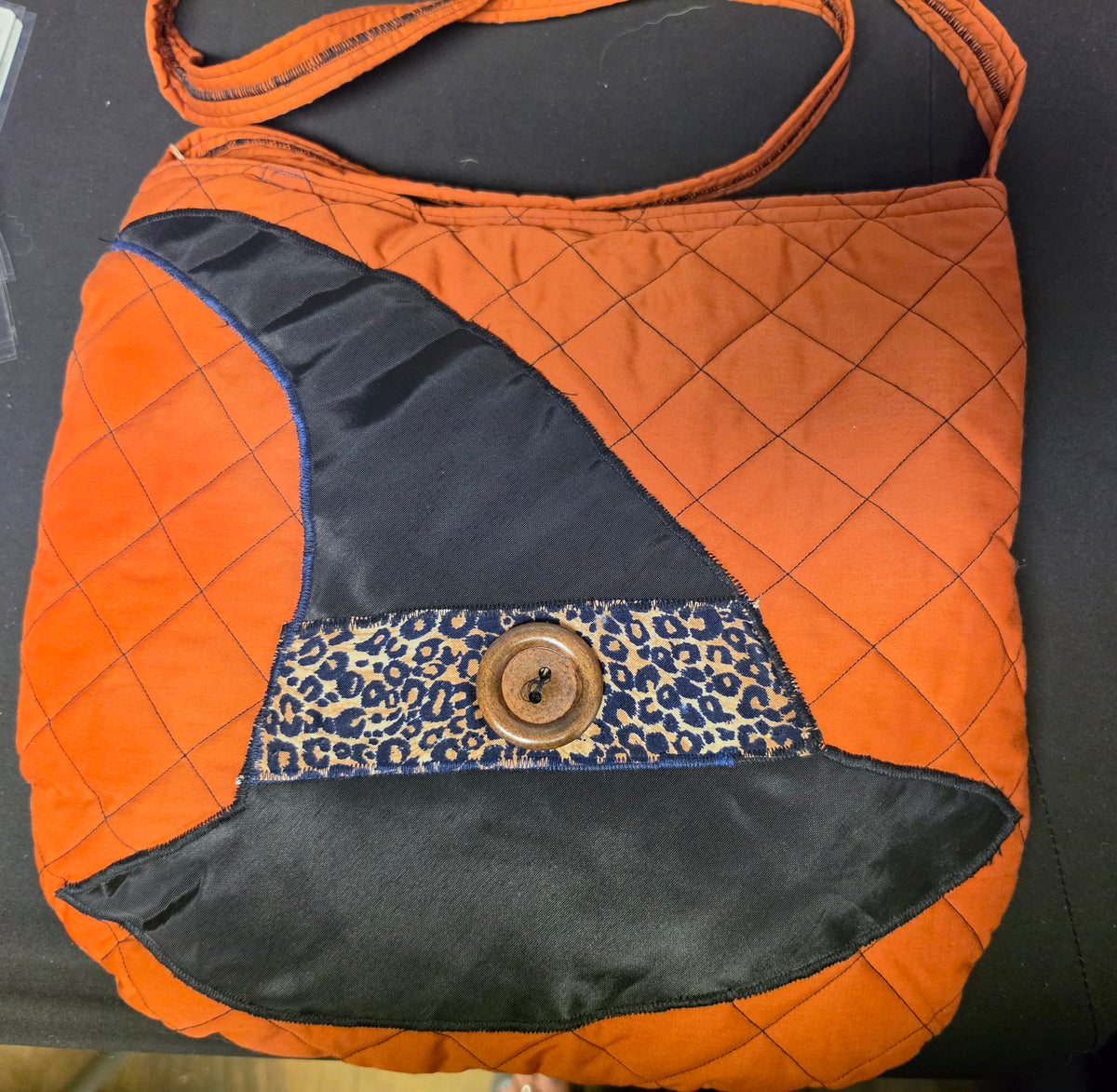 Handmade Quilted Orange & Black Shoulder Bag with Leopard Print Accent 3 Inside Pockets